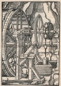 Rag-and-chain pomp voor het leegpompen van een mijn bediend door mannen in tredmolen. Uit Agricola (George Bauer) De re metallica, Basel