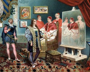 Rafaël werkt aan het portret van paus Leo X omringd door kardinalen Jules de Medicis (Giulio) (paus Clemens VII)