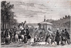 Lezing van de voorschriften gepubliceerd in de krant Moniteur in de tuinen van het Koninklijk Paleis in Parijs op 26 juli 1830 tijdens de burgeroorlog - Revolutie 1830 - Lecture des prescriptions dans Le Moniteur, au jardin du Palais-Royal, le 26 juillet 1 door Unknown