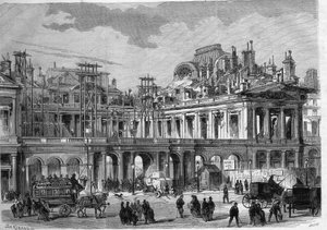 Reconstructiewerkzaamheden van het Koninklijk Paleis (Palais-Royal) in Parijs. Gravure in 