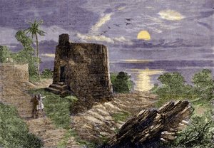 Religie van de Farsis (volgelingen van Zarathustra): het begrafenisritueel bestaat uit het plaatsen van de lichamen van de overledenen in een toren, de Toren van Stilte, waar ze worden verslonden door gieren. Malabar-regio.