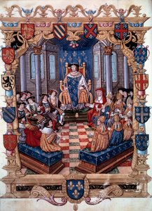 Voorstelling van koning Francois I (1494-1547) omringd door zijn twaalf gelijken. Uit een miniatuur. 16e eeuw. Chantilly, Conde Museum door Unknown artist