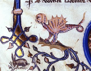 Voorstelling van een fantastisch dier half mens half draak. Miniatuur uit een 14e-eeuws manuscript
