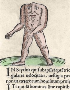 Voorstelling van een lid van de Blemmyi-stam in Nubië, beschreven zonder hoofd, zonder nek, en gezicht op de romp door Plinius de Oudere. Gravure uit “Prodigiorum ac ostentorum chronicon” door Conrad Lycosthenes (1518-1561). 1557.