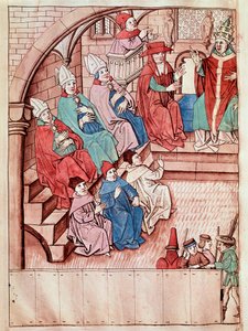 Afbeelding van het Concilie van Konstanz tussen 1414 en 1418, bovenaan Paus Martinus V Miniatuur uit de 