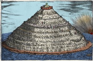 Voorstelling van het Vagevuur na de Goddelijke Komedie van Dante Alighieri (1265-1321): het aardse Paradijs is bovenaan. Anonieme gravure uit de 17e eeuw door Unknown artist
