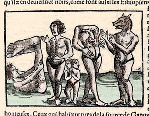 Weergave van de monsters beschreven door Amerigo Vespucci (1451-1512): van links naar rechts: een manopod, een cycloop, een man met twee hoofden, een man zonder hoofd en een man met een hondenkop of cynocephalus. Houtsnede uit Sebastien Munster