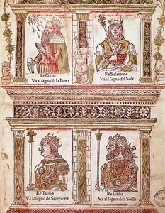 Representatie van de pagina van de koningen: Koning David, Koning Salomo, Koning Turno en Koning Lubba door Unknown artist
