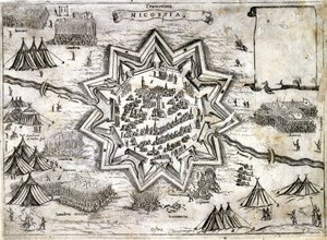 Voorstelling van het beleg van Nicosia op het eiland Cyprus in 1191 tijdens de 3e Kruistocht door Richard Leeuwenhart. 16e eeuw. door Unknown artist