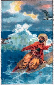 Redding op een plank. De wonderbaarlijke avonturen van Sinbad de zeeman. Populair verhaal uit 1001 nachten. Chromolithografie uit het einde van de 19e eeuw.