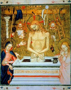 Opstanding van Christus: Christus komt uit het graf tussen de Maagd en Sint Jan met de instrumenten van passie