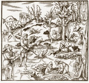 Rhabdomantie - Verkenning van een mijnveld met behulp van de wichelroede - Mannen snijden en gebruiken wichelroedes om mineralen te lokaliseren - Uit De re metallica door Georgius Agricola (Georg Bauer), Basel door Unknown artist