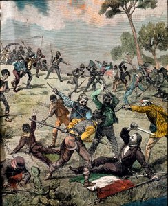 Risorgimento: de Italiaanse revolutionair Carlo Pisacane (1818-1857) wordt bestormd door boeren in Sapri op 28/06/1857. Gravure Privécollectie