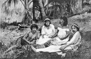 Robert Louis Stevenson (1850 - 1894) met zijn vrouw in Samoa waar hij zijn residentie had in Vailima. Gravure rond 1890-1895.