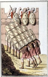 Romeinse soldaten (Romeins legioen) manoeuvreren en verdedigen zich met hun schilden. Gravure uit het begin van de 19e eeuw