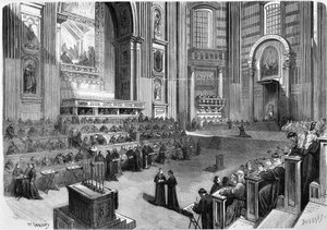Rome 1869, eerste bijeenkomst van het oecumenisch concilie van 1869 gehouden op 9 december in het rechterdeel van het transept van de Sint-Pieterskerk door Unknown artist