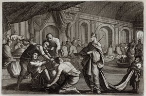 Royaumont Bijbel, Nieuwe Testament: Bruidskleed. Parabel van een koning die de bruiloft van zijn zoon vierde, waarbij hij een man zonder bruidskleed afwees. Illustratie uit 1811.