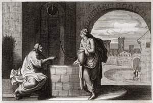 Royaumont Bijbel, Nieuwe Testament: Christus en de Samaritaanse vrouw bij de bron. Jezus Christus bekeert een Samaritaanse vrouw. Illustratie uit 1811. door Unknown artist