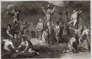 Royaumont Bijbel, Nieuwe Testament: Kruisiging van Jezus Christus. De Maagd Maria, Sint Maria Magdalena en Sint Johannes aan de voet van het kruis, Sint Longinus de Centurion (Sint Longinus) met zijn speer, soldaten spelen om de tuniek van Christus. Aan de