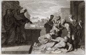 Royaumont Bijbel, Nieuwe Testament: Dood van Ananias en zijn vrouw Saffira voor St. Petrus en St. Johannes. Illustratie uit 1811. door Unknown artist
