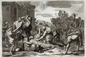 Royaumont Bijbel, Nieuwe Testament: Dood van St. Stefanus, eerste christelijke martelaar, door steniging. Illustratie uit 1811. door Unknown artist