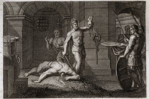 Bijbel van Royaumont, Nieuwe Testament: Onthoofding van Sint Jan de Doper. Men legt zijn hoofd op een schaal. Illustratie uit 1811.