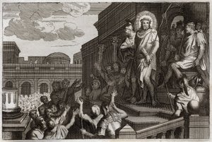 Royaumont Bijbel, Nieuwe Testament: Ecce homo. Pontius Pilatus (Pontius Pilatus) presenteert Jezus Christus met doornen aan de menigte en zegt: "Zie de Mens". Illustratie uit 1811.