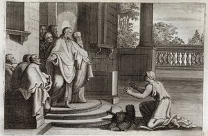 Royaumont Bijbel, Nieuwe Testament: Jezus Christus en de vrouw van Kanaän. Een boerin vraagt de Heer om hulp om haar dochter te genezen. Christus antwoordde haar: 