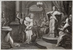 Royaumont Bijbel, Nieuwe Testament: Jezus Christus voor Kajafas en Anan (Hanan of Anne of Hanne). Illustratie uit 1811.