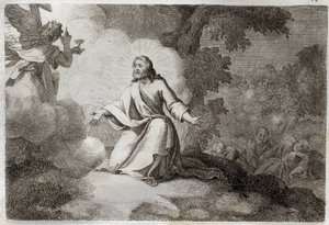 Royaumont Bijbel, Nieuwe Testament: Jezus Christus in de tuin (gebed op de Olijfberg). Een engel met een kelk verschijnt aan Jezus. De apostelen St. Petrus, St. Johannes en St. Jacobus slapen. Illustratie uit 1811.