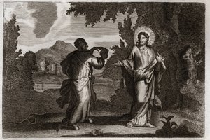 Royaumont Bijbel, Nieuwe Testament: Jezus Christus in de woestijn. Jezus wordt de woestijn in gedreven. Hij vast veertig dagen en veertig nachten. Hij wordt verleid door de demon die hem uitnodigt om stenen in brood te veranderen. Illustratie uit 1811.