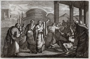 Bijbel van Royaumont, Nieuwe Testament: Genezing van een lamme. Sint Paulus geneest een lamme en stopt een menigte die hem als een god wilde vereren. Illustratie uit 1811