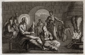 Royaumont Bijbel, Nieuwe Testament: Martha en Maria. Jezus Christus komt het huis van Martha binnen, die zich haast om hem te ontvangen terwijl haar zus, Maria van Bethanië, naar zijn woord luistert. Illustratie uit 1811.