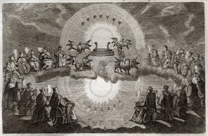 Royaumont Bijbel, Nieuwe Testament: Open Hemel. Een troon verschijnt omringd door een leeuw, een os, een man en een adelaar (tetramorf) en zeven lampen. Vierentwintig oude mensen zittend op tronen omringen deze visie. Illustratie uit 1811. door Unknown artist