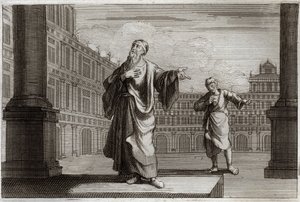 Royaumont Bijbel, Nieuwe Testament: Parabel van de Farizeeër en de tollenaar, die naar de tempel gingen om te bidden. Illustratie uit 1811.