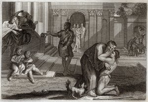Royaumont Bijbel, Nieuwe Testament: Parabel van de verloren zoon. De zoon keert terug naar huis nadat hij al zijn bezittingen heeft verloren. Hij komt zijn vader om vergeving vragen. Illustratie uit 1811.