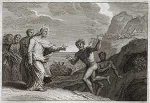 Royaumont Bijbel, Nieuwe Testament: Genezing van een bezetene. Jezus Christus geneest een bezetene die door de demon woedend was gemaakt. Illustratie uit 1811. door Unknown artist