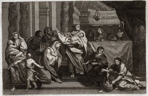Royaumont Bijbel, Nieuwe Testament: Zuivering van de Maagd of presentatie in de Tempel. De Heilige Familie biedt Jezus Christus aan de Tempel aan en geeft hem aan Symeon (of Simeon of Simon). Een vrouw houdt twee duiven in een mand. Illustratie uit 1811. door Unknown artist