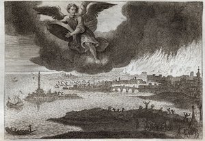 Royaumont Bijbel, Nieuwe Testament: Verwoesting van Babylon. Babylon in brand, een engel gooit een steen in de zee, symboliseert de vernietiging van deze stad tijdens de Openbaring. Illustratie uit 1811.
