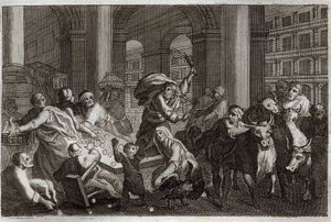 Royaumont Bijbel, Nieuwe Testament: Verdrijving van de verkopers uit de tempel. Jezus Christus verjaagt uit de tempel degenen die hem ontheiligden door de handel die ze daar dreven. Illustratie uit 1811.