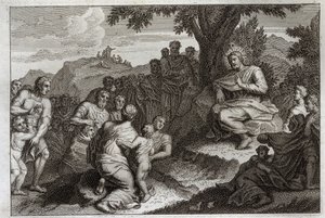 Royaumont Bijbel, Nieuwe Testament: Bergrede. Jezus Christus kiest twaalf apostelen uit zijn discipelen en houdt voor hen en een groot volk de Bergrede. Illustratie uit 1811. door Unknown artist