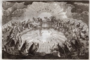 Royaumont Bijbel, Nieuwe Testament: Zeven zegels van het boek geopend door het Lam. De vierentwintig oudsten werpen zich neer voor de troon omringd door een leeuw, een os, een mens en een adelaar (tetramorf) en zeven lampen. Illustratie uit 1811. door Unknown artist