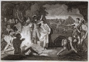 Royaumont Bijbel, Nieuwe Testament: Schipbreuk van Sint Paulus. Hij wordt gebeten door een adder zonder enige schade. Illustratie uit 1811. door Unknown artist
