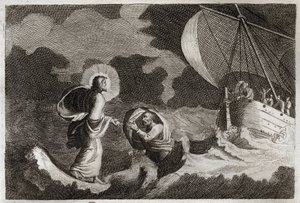 Royaumont Bijbel, Nieuwe Testament: St. Petrus loopt op water. Jezus Christus loopt op de zee en laat Sint Petrus daar lopen. Illustratie uit 1811. door Unknown artist