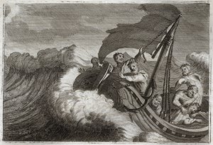 Royaumont Bijbel, Nieuwe Testament: De storm bedaard. De apostelen worden verrast door een storm en wekken Jezus Christus die in hun schip sliep, en hij kalmeert ook de Zee van Galilea. Illustratie uit 1811. door Unknown artist