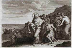 Royaumont Bijbel, Nieuwe Testament: De melaatse en de centurio. Een melaatse bidt Jezus Christus om hem te genezen van zijn melaatsheid, en een centurio stuurt hem om te bidden om zijn zieke dienaar te genezen. Illustratie uit 1811.