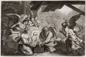 Royaumont Bijbel, Nieuwe Testament: De Geboorte. Jezus Christus werd geboren uit de Heilige Maagd Maria in een stal in Bethlehem. Illustratie uit 1811. door Unknown artist
