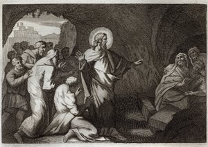 Royaumont Bijbel, Nieuwe Testament: De opstanding van Lazarus door Jezus Christus. Illustratie uit 1811.