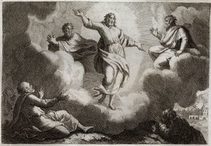 Royaumont Bijbel, Nieuwe Testament: De Transfiguratie van Jezus Christus. Christus omringt Mozes en Elia met daaronder de apostel Johannes, Petrus en Jakobus. Illustratie uit 1811. door Unknown artist