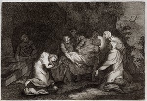 Bijbel van Royaumont, Nieuwe Testament: Graf. Graf van Jezus Christus. Onder de personages rond het lichaam van Jezus Christus: de Maagd Maria, Sint Nicodema, Sint Jozef van Arimathea, Sint Jan de Evangelist en Sint Maria Magdalena. Illustratie uit 1811. door Unknown artist